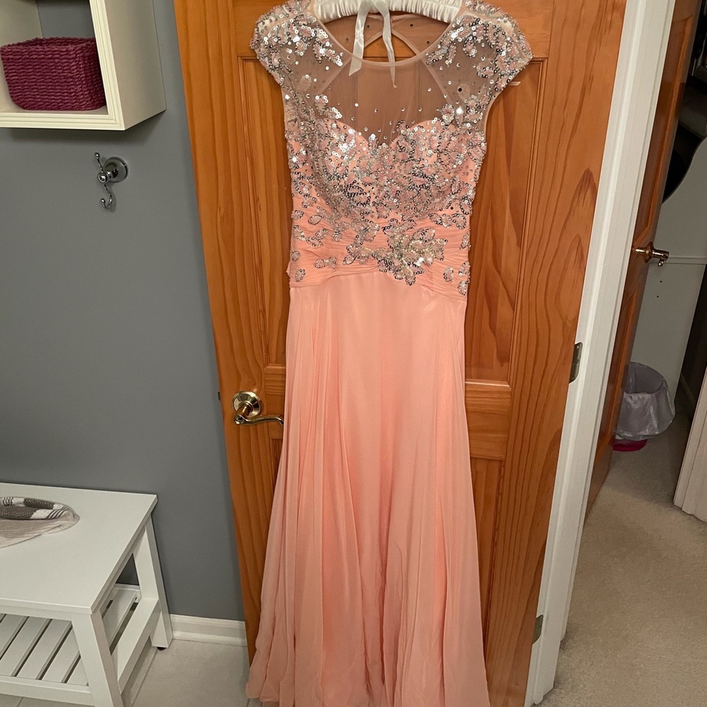 Salmon sequined long dress with mesh neckline